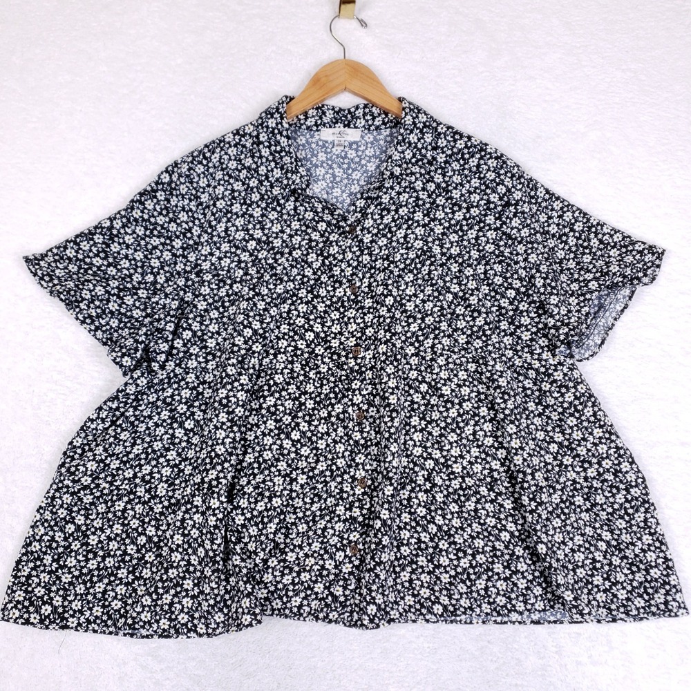 Moa Moa Blouse Womens 3XL Black Ditsy Floral Babydoll Button Up Short Sleeve Top